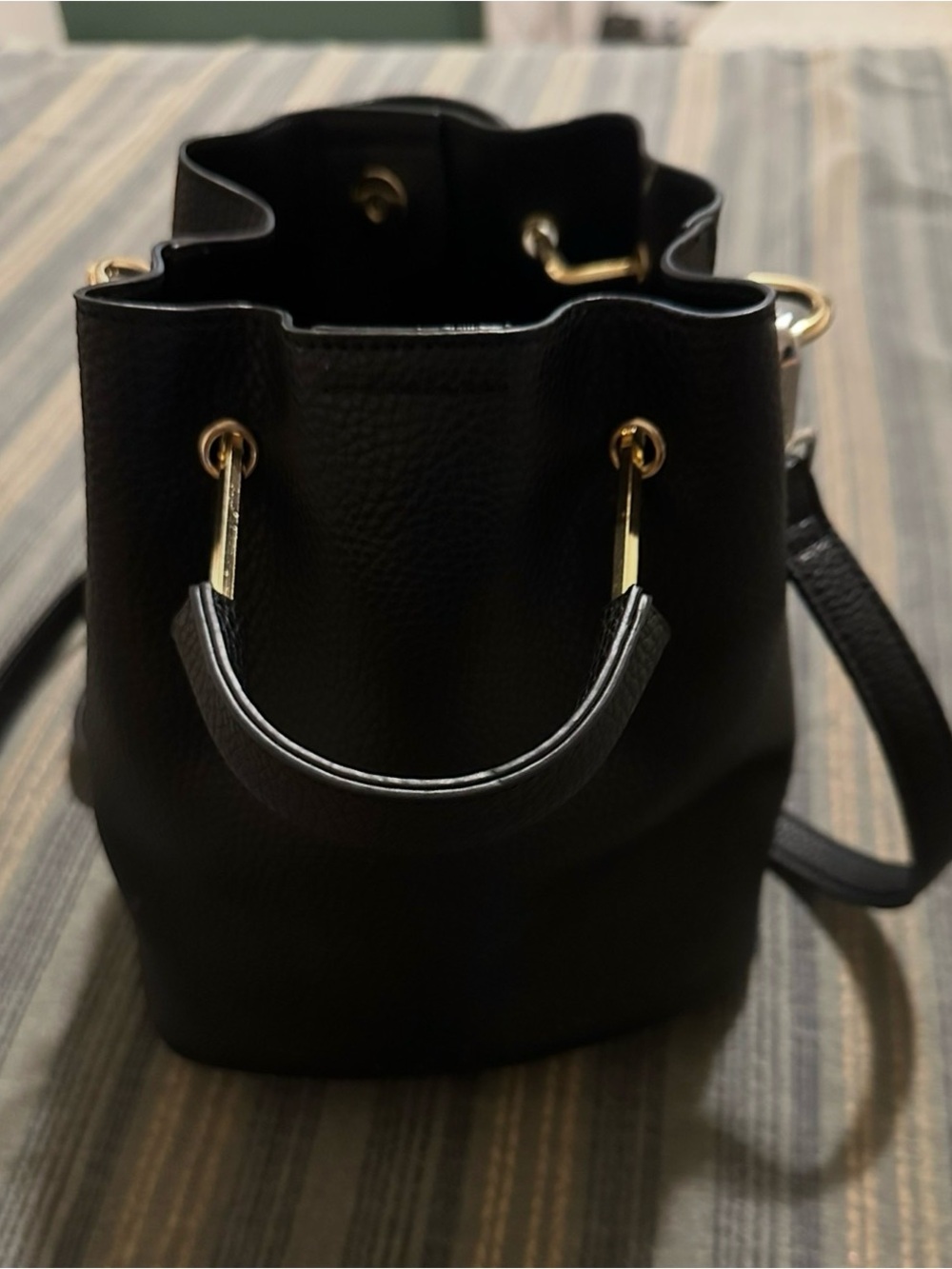 Steve Madden Black Mini Bucket Crossbody with Gold Accents - Picture 3 of 6